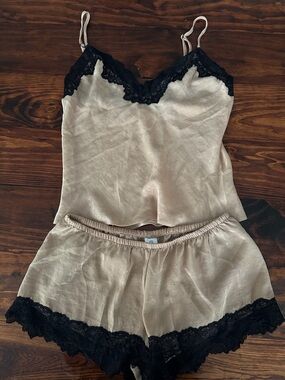 Beige and Black Lace Trim Satin Camisole & Short Sleep Set